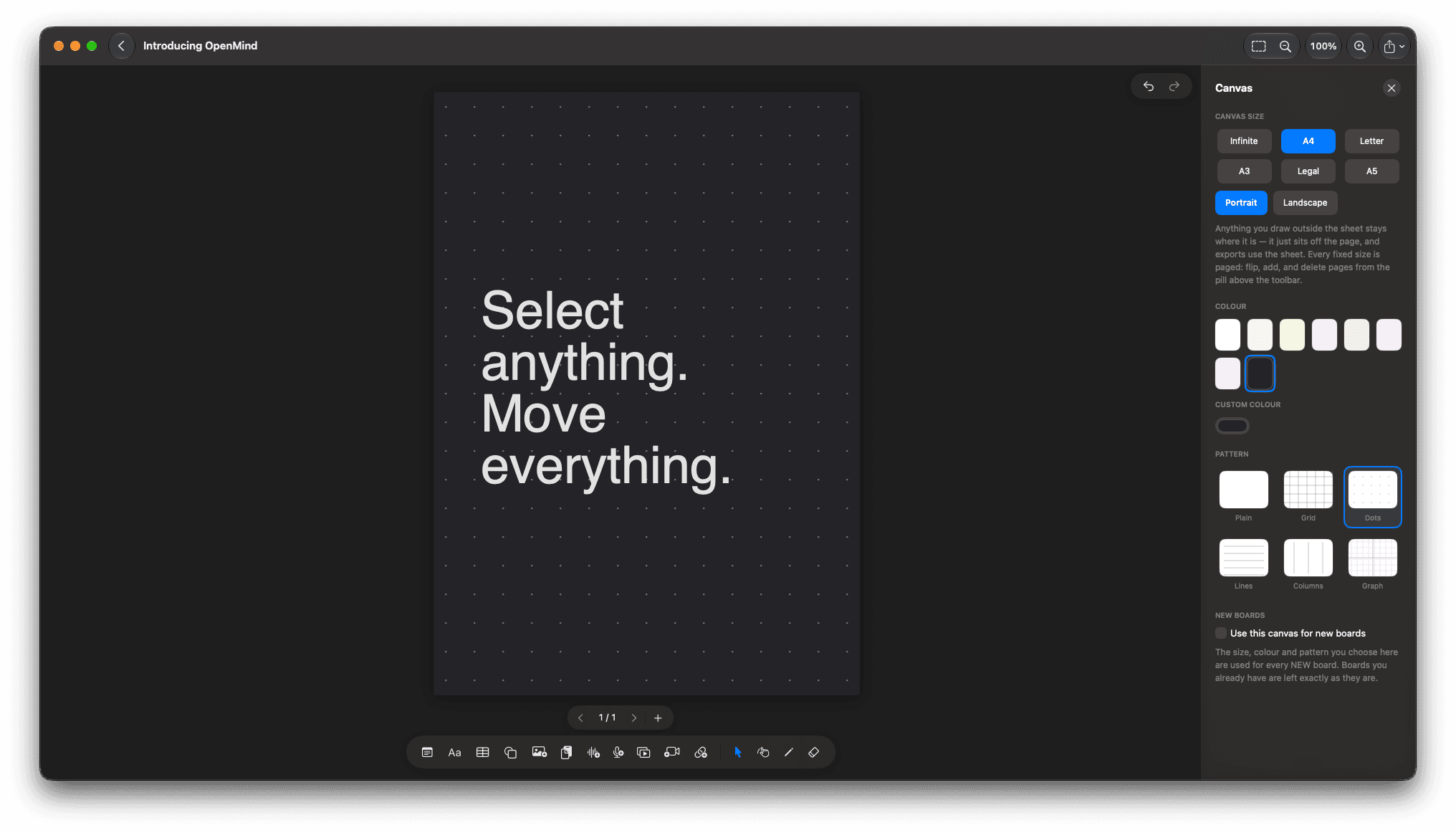 OpenMind canvas settings panel with canvas size options from Infinite to A4 and pattern choices, beside a sheet reading Select anything. Move everything.