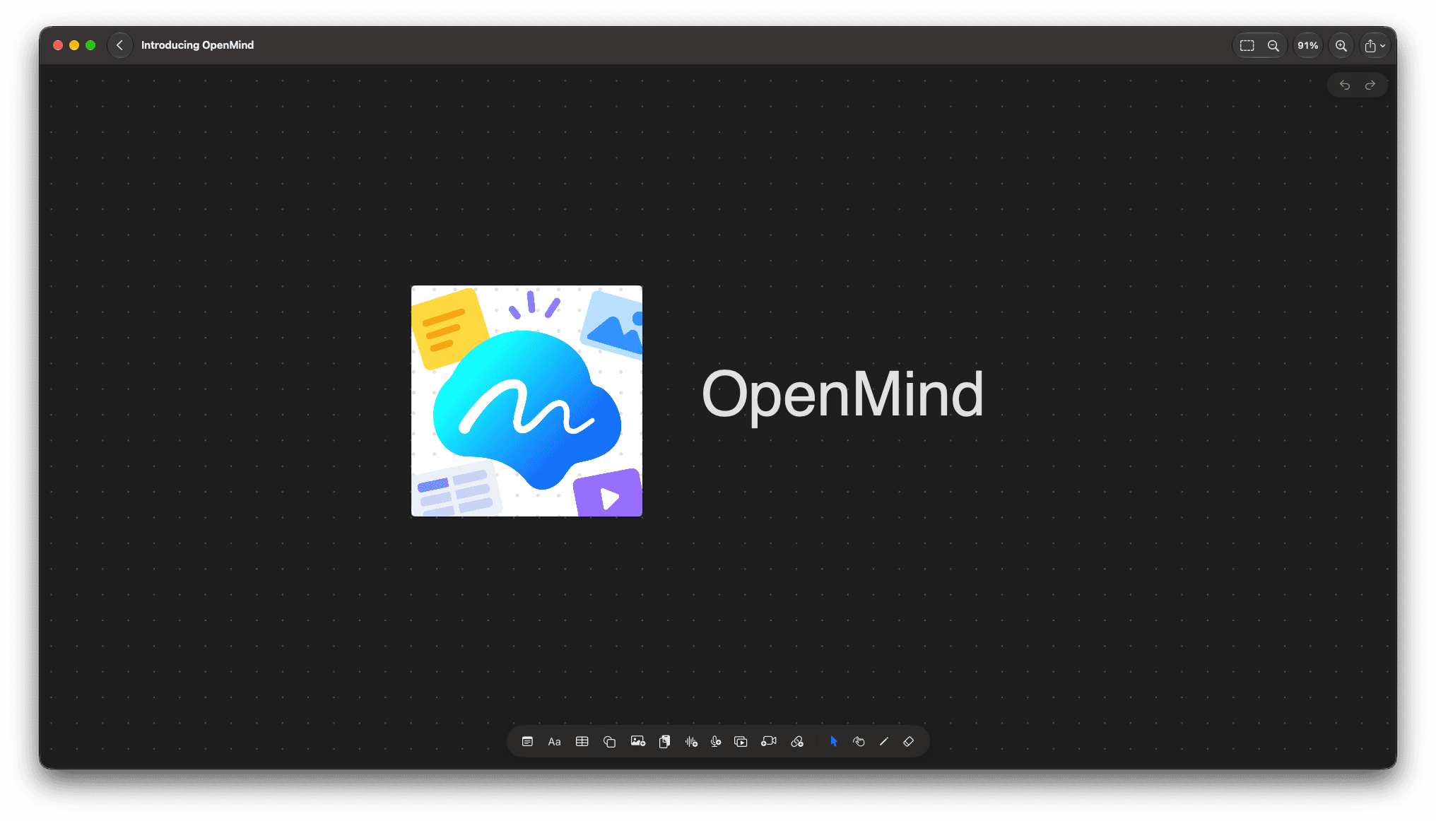 OpenMind canvas with the OpenMind app icon image placed beside a large OpenMind text item on the dotted grid.
