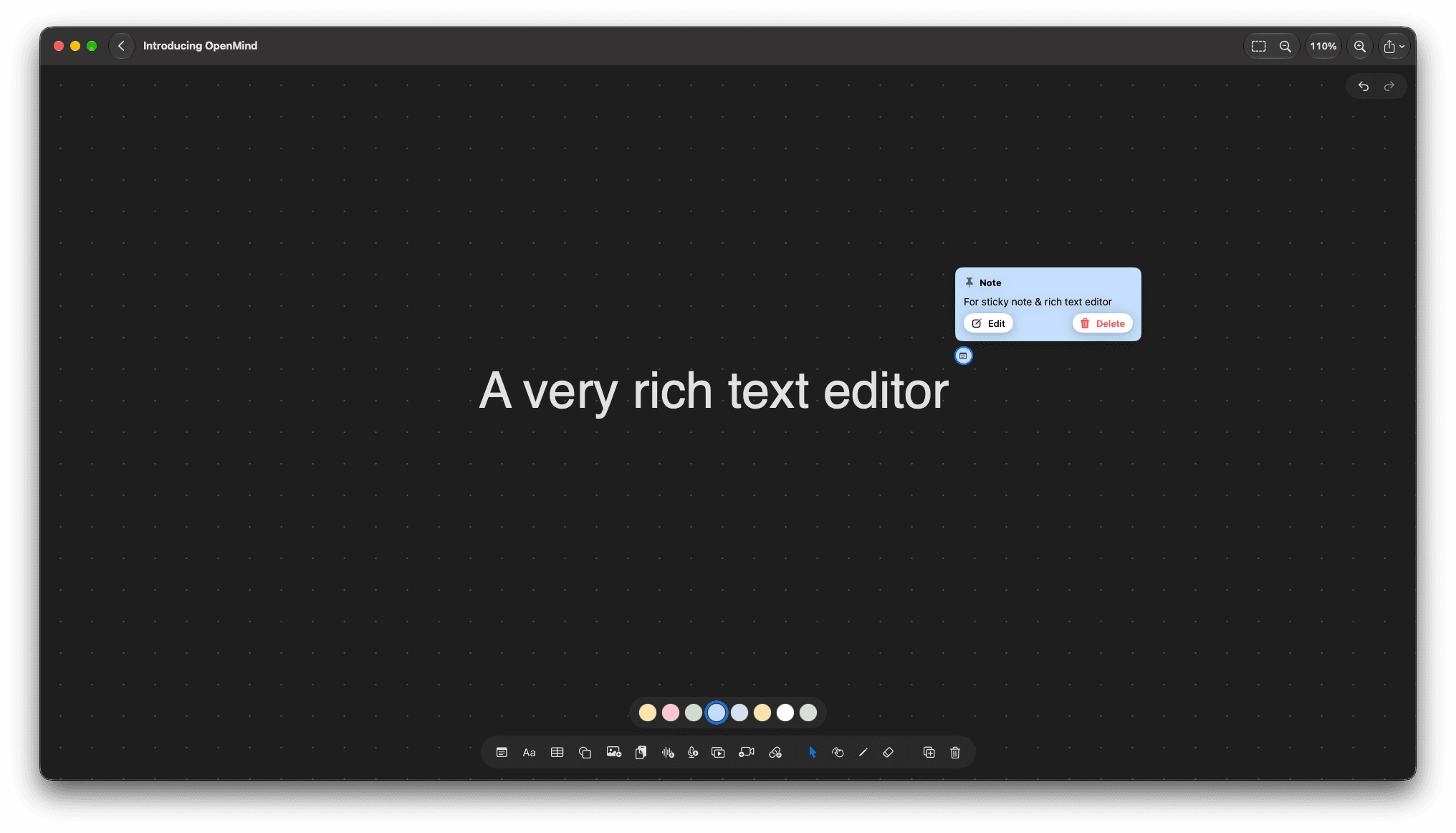 OpenMind canvas showing a large rich-text item reading A very rich text editor beside a blue sticky note card with edit and delete actions.